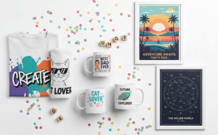 Variety of personalized products including mugs and t-shirts designed with creative designs.